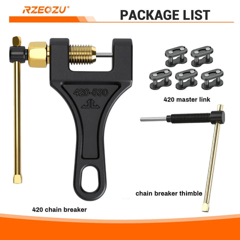 Front view of RZEOZU 420-530 chain breaker tool with black body and brass screw; includes 6 master links