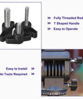 Five Pack M5 X 25mm Carbon Steel T Handle Thumb Screws for Machine Clamps, shown with T-shaped handles and threaded rods.