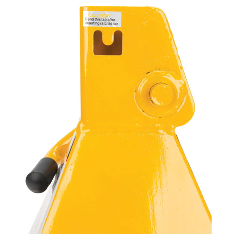 Ratchet Style Jack Stand Set For Lifting Vehicles During Maintenance Heavy Duty 6 Ton Capacity Easy Height Adjustments Yellow Durable Steel Construction For Safe Vehicle Support close-up of the ratchet mechanism