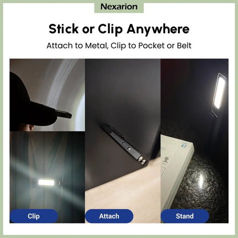 1300 Lumen Rechargeable EDC Flashlight with UV Light Green Beam clipped, attached, and standing for versatile use on surfaces.