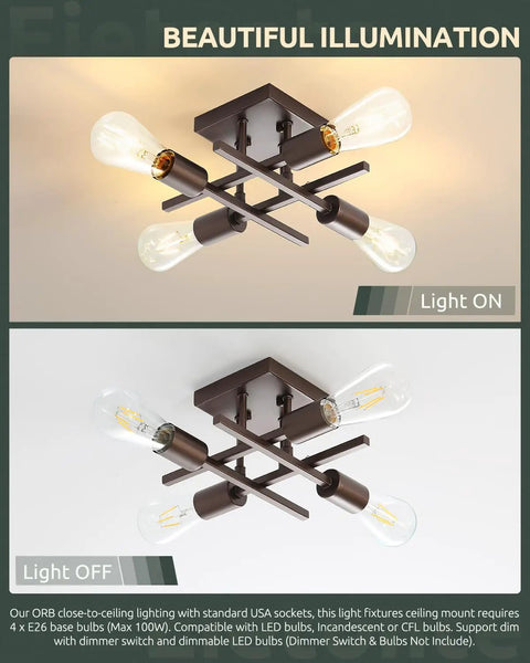 Industrial Four Light Semi Flush Mount Ceiling Light Fixture in Farmhouse Oil Rubbed Bronze Finish with Dope Modern E26 Sputnik Lamps