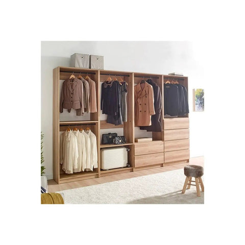 Custom Walk In Closet System With Sturdy Wooden Drawers And Flexible Shelves Modular Wardrobe Organizer featuring hanging rods and spacious shoe storage.