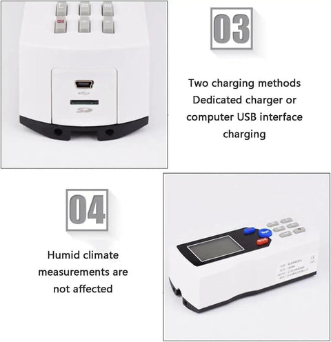 Side view of Handheld Digital Profilometer Surface Roughness Tester with buttons, USB port, and humid climate compatibility details.