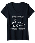 Born To Nap Funny Office Cat Worker V Neck T Shirt For Women With Cute Cat Humor Perfect For Work Attire Casual Fridays And Gift Ideas Tees That Bring Laughs In The Office, black shirt with sleeping cat graphic.