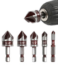 Five Piece Heavy Duty Countersink Drill Bit Set With Quick Change Hex Shank For Knockout Flat Head Screw Recesses And Badass Smooth Chamfer Finishes featuring various sizes.