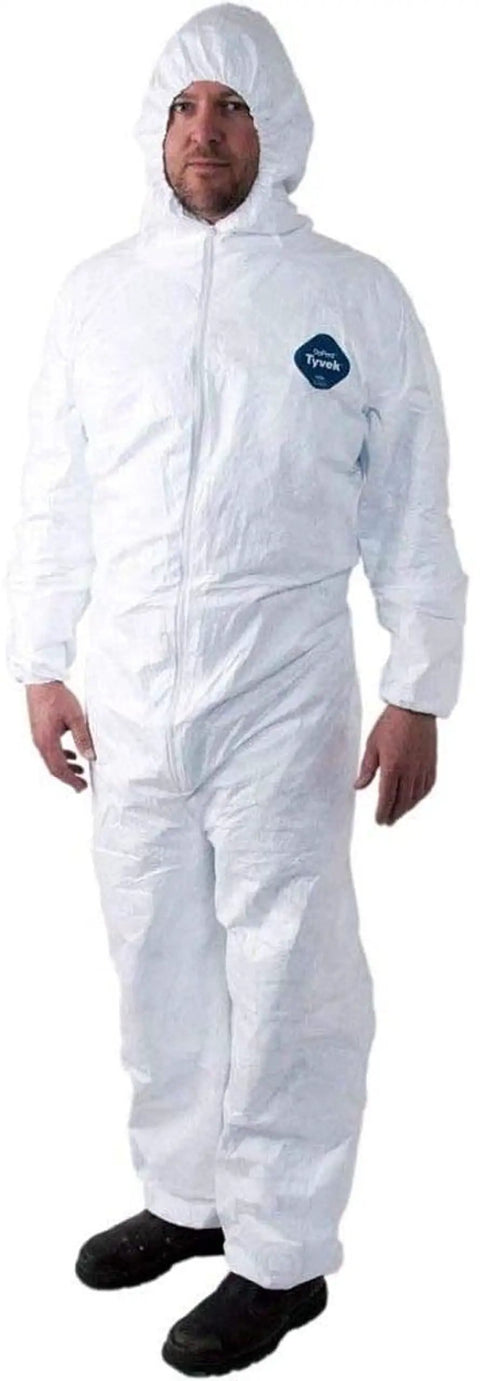 Man wearing Tyvek 400 Hooded Coveralls With Elastic Wrists And Ankles For All Day Comfort And Tear Resistant Protection, full front view