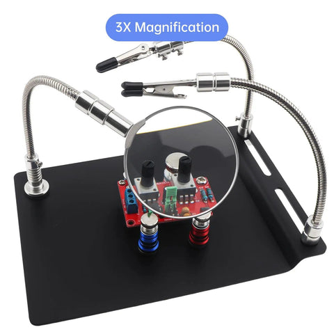 Magnetic Helping Hands Soldering Station With 4 Magnetic PCB Clamps, 3X Magnifying Glasses focused on electronic board