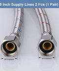 Straight Up Heavy Duty Faucet Supply Lines 3/8 Inch To 3/8 Inch Female Compression Thread 1 Pair close-up of 8 inch supply lines with connectors.