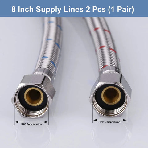 Straight Up Heavy Duty Faucet Supply Lines 3/8 Inch To 3/8 Inch Female Compression Thread 1 Pair close-up of 8 inch supply lines with connectors.