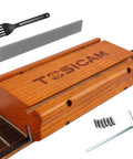 Guitar fret end beveling file kit on a wooden block; includes 4-in-1 fret file, hex key, screws, and cleaning brush.