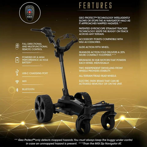 Slick Remote Controlled Electric Golf Push Cart Bundle With Top Shelf Touchscreen Gps Navigation And Preloaded Courses For Thirty Six Holes With Built In Drink Holder And Compact Umbrella Mount Plus Badass Travel Carry Bag showcasing features like remote control and brushless motors.