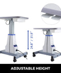 Adjustable height Beefy Dual Instrument Motorized Working Table for optics and eyewear with carbon steel frame and wheels.