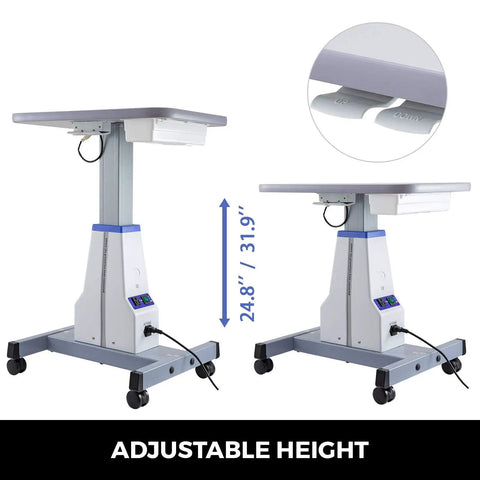 Adjustable height Beefy Dual Instrument Motorized Working Table for optics and eyewear with carbon steel frame and wheels.