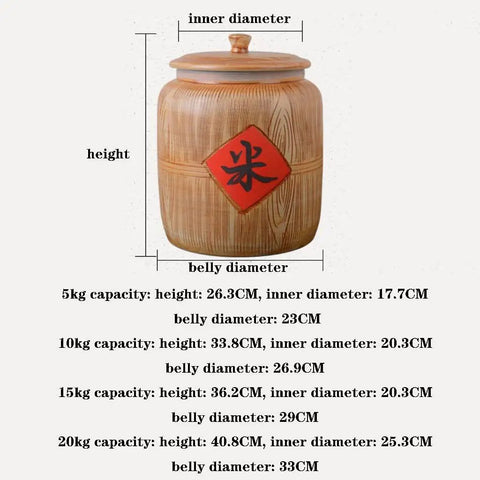 Heavy Duty Ceramic Grain Dispenser Jar With Secure Locking Lid, 20kg capacity, 40.8CM height with detailed size chart.