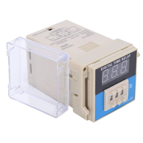 Adjustable Timing Component For Industrial Automation And Machinery With 3D LED Digital Display Time Relay Digital Setting Cycle Delay Control Unit DC12V Compatible Low Power Draw Pro Grade Timing Rock Solid Build Heavy Duty Reliability, beige panel-mounted relay with clear cover