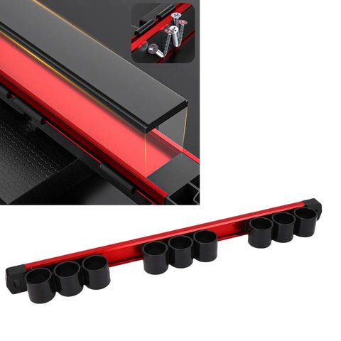 Workhorse Nine Slot Rail Tool Organizer Rack For Wrenches Pliers And Scissors displaying red aluminum frame with black slots.