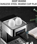 Top view of a black 20 Bar Espresso Machine With Milk Frother Wand And 1.5L Removable Water Tank, featuring a stainless steel warm cup plate.