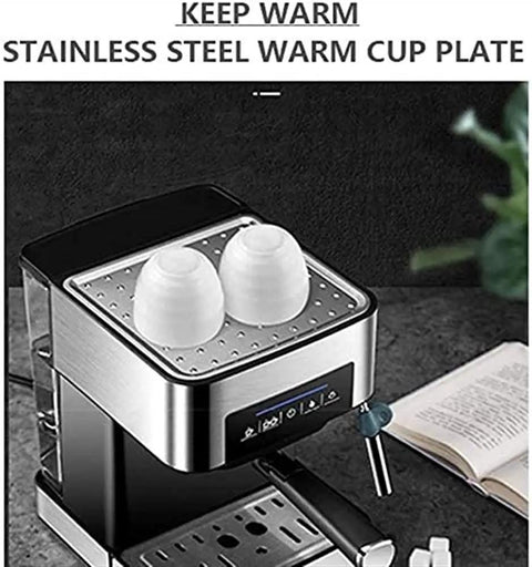 Top view of a black 20 Bar Espresso Machine With Milk Frother Wand And 1.5L Removable Water Tank, featuring a stainless steel warm cup plate.