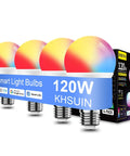 Smart A19 LED Bulbs With Music Sync And WiFi Control RGBCW Color Changing 13W 120W Equivalent 1300 Lumens 4-pack displayed in box