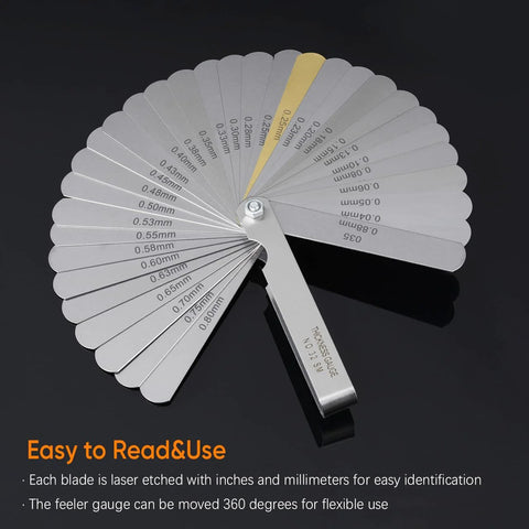 ZUZUAN steel feeler gauge set, angled fan arrangement, 32 blades plus 16 offset blades, SAE and metric markings.