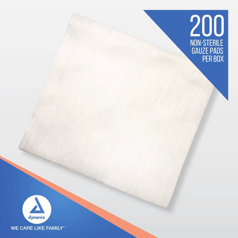 Dynarex non-woven gauze sponges, 4x4 inch, 4-ply, 200-count, non-sterile, boxed (front view)