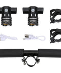 Components of USB Rechargeable LED Headlight For Electric Scooters And Bikes, including lights, clamps, and USB cables.