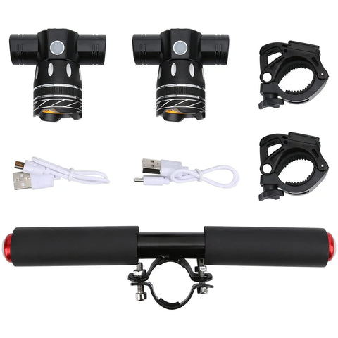 Components of USB Rechargeable LED Headlight For Electric Scooters And Bikes, including lights, clamps, and USB cables.