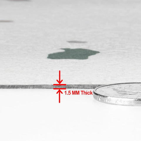 Close-up of Terrazzo Peel And Stick Floor Tiles 12x12 Inch 32 Pack thickness comparison with coin, 1.5mm thick.