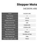 Front view of stepper motor spec sheet showing model 34CS85FK-490Z, 2-phase, 1.8° step, 8.5 N·m torque, 4.9 A