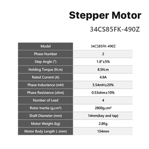 Front view of stepper motor spec sheet showing model 34CS85FK-490Z, 2-phase, 1.8° step, 8.5 N·m torque, 4.9 A