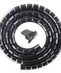 Black Spiral Cable Organizer Sleeve That Keeps Chewers Away, Coiled Wire Wrap For Pet Protection, shown uncoiled on white background.
