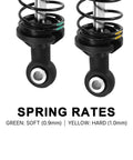 90mm Dual Rate Spring Oil Shocks for TRX4 SCX10 1 by 10 RC Crawler, close-up of green 0.9mm and yellow 1.0mm spring rates.