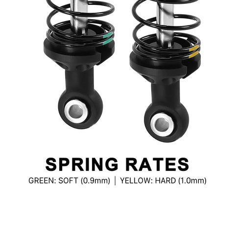 90mm Dual Rate Spring Oil Shocks for TRX4 SCX10 1 by 10 RC Crawler, close-up of green 0.9mm and yellow 1.0mm spring rates.