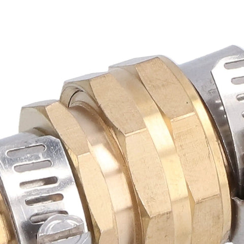 Brass Garden Hose Repair Kit 34 To 58 Inch Connector Set For High Pressure Water Lines With Rubber Washers For A Leak free Seal On Any Outdoor Faucet Hookup close-up brass fitting with hose clamp