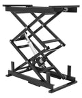 Rugged Electric Scissor Lift Table Supporting A Hardworking 140 Pound Load With Buttery Smooth Ten Point Four To Fifty Inch Vertical Travel For Weekend Warriors, black metal construction.