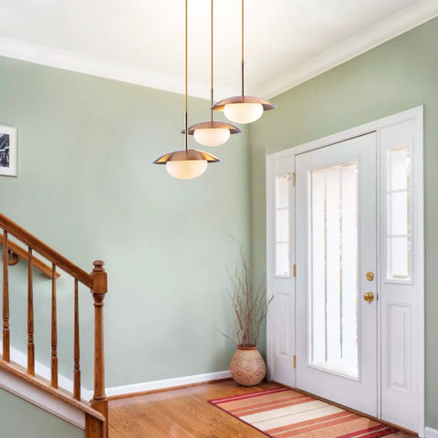 Go-To Three-Light Modern Pendant Lighting With Double Shades And White Glass Globe Inside Brushed Brass UFO Fixture in hallway