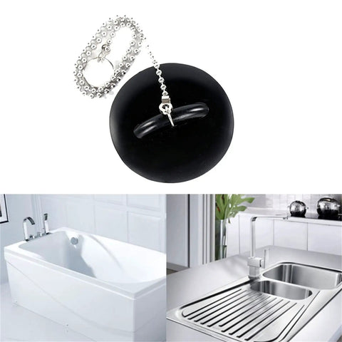 Bathtub Drain Stopper with Rubber Bath Plug in black with chain, suitable for sinks and bathtubs, easy to use.