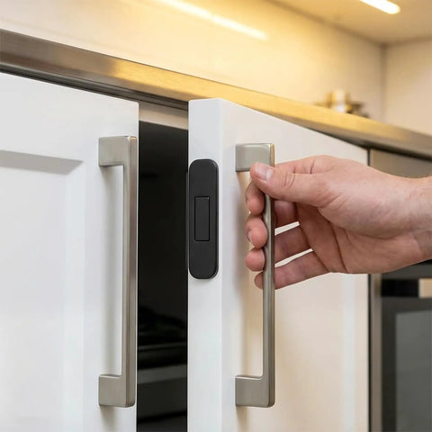 Eight Piece Ultra Thin Magnetic Cabinet Door Catch No Drill Stainless Steel With Strong Hold Quiet Operation shown installed on cabinet.