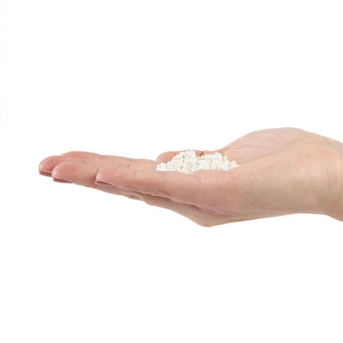 Hand holding granules of 15 Pound Milky Spore Granular Japanese Beetle Grub Control And Repellent For Lawn And Garden Care Organic.