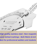 VASTOOLS cam weld gauge, stainless steel with dual metric and inch scales to 2 in (50 mm) and etched markings