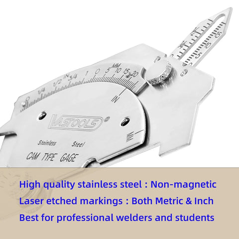 VASTOOLS cam weld gauge, stainless steel with dual metric and inch scales to 2 in (50 mm) and etched markings