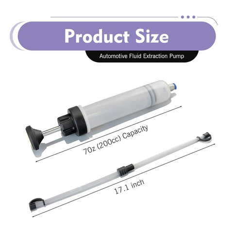 Heavy Duty 200Cc Manual Oil Extractor Pump With Two Spare Tubes To Pull Brake Fluid Or Drain Engine Oil And Swap Coolant Fast Keep Your Car Running Sweet And Tackle Maintenance With Zero Sweat Tonight, showing product size with 200cc capacity and 17.1 inch tube.