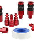 15 Piece Universal Air Coupler And Plug Kit With Quick Connect Air Hose Fittings, Heavy Duty Aluminum, Red