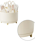 Rotating Desk Organizer With Six Compartments For Makeup Skincare Art Supplies And Office Gear Three Color Options Swivel Pen Holder And Multipurpose Storage For Markers Brushes Scraps And Essentials cream white plastic on gold legs