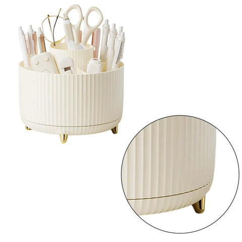 Rotating Desk Organizer With Six Compartments For Makeup Skincare Art Supplies And Office Gear Three Color Options Swivel Pen Holder And Multipurpose Storage For Markers Brushes Scraps And Essentials cream white plastic on gold legs