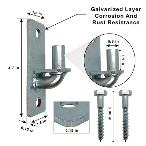 Two Piece Wall Mount Gate Hinges Heavy Duty For Chain Link Fences With Five Eighth Inch Pin Built Tough To Stop Gate Sag And Keep Outdoor Entrances Aligned And Ready For All Weather Use, galvanized steel hinge with screws