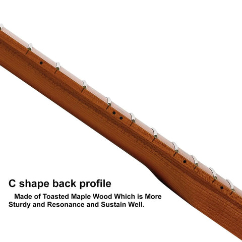 22-Fret Strat-Style Electric Guitar Neck With Canadian Roasted Maple Matte Finish 14-Inch Radius Fingerboard Bone Nut Polished Edges Ready For Replacement Or Upgrading Your Rig. C-shape back profile on roasted maple Strat neck
