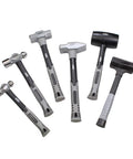 Six Piece Hammer Set For Metalworking: Forging, Pein, And Sledge Hammers with black and gray fiberglass handles.
