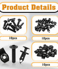 Heavy Duty U Type Nut And Screw Kit For UTV ATV And Snowmobile Featuring Rock Solid Nylon Rivets 10 black screws and 10 clips.