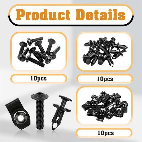 Heavy Duty U Type Nut And Screw Kit For UTV ATV And Snowmobile Featuring Rock Solid Nylon Rivets 10 black screws and 10 clips.